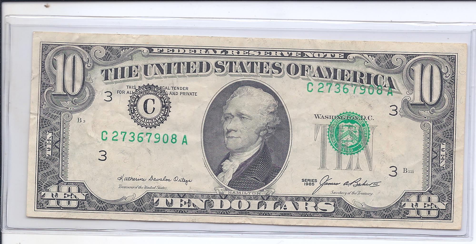 1985 $10.00 Misaligned Error Note in XF/AU - Click Image to Close